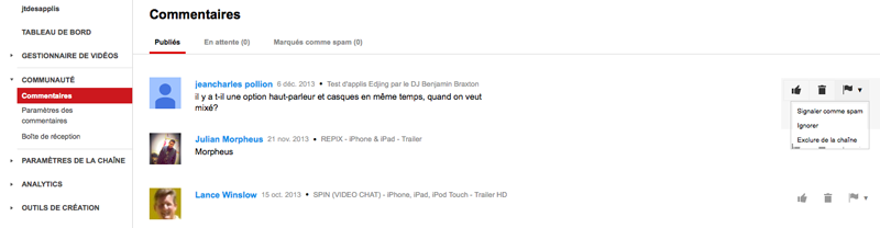Nouvelle page de gestion des commentaires YouTube